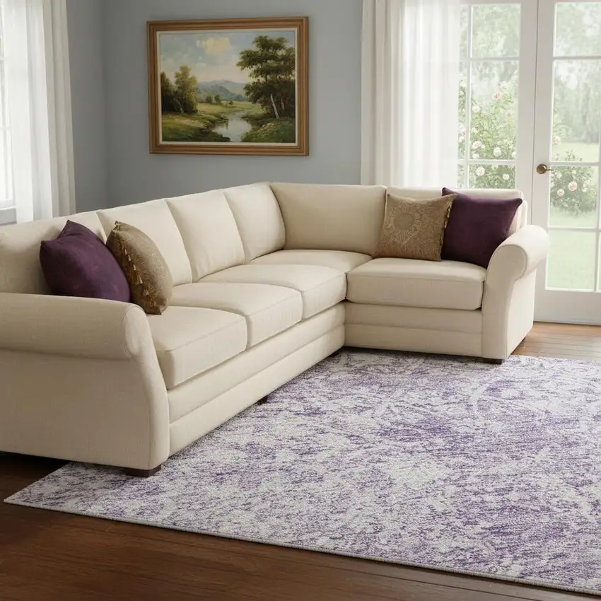 Lilac And Ivory Oriental Washable Area Rug With UV Protection Photo 2