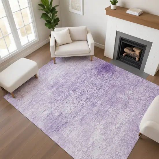 Lilac And Ivory Oriental Washable Area Rug With UV Protection Photo 4