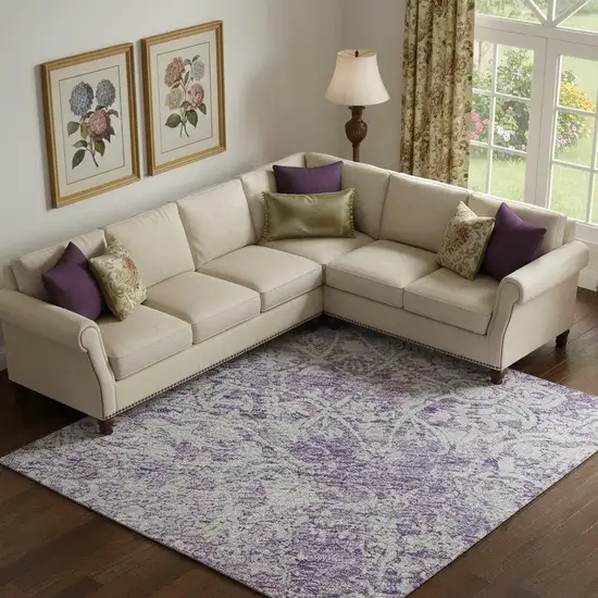 Lilac And Ivory Oriental Washable Area Rug With UV Protection Photo 2
