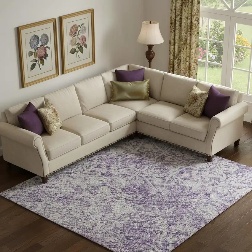 Lilac And Ivory Oriental Washable Area Rug With UV Protection Photo 2