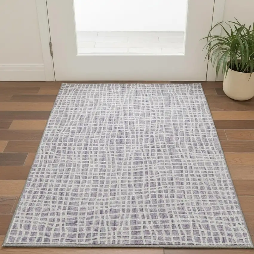 Lilac And Ivory Striped Washable Area Rug With UV Protection Photo 2