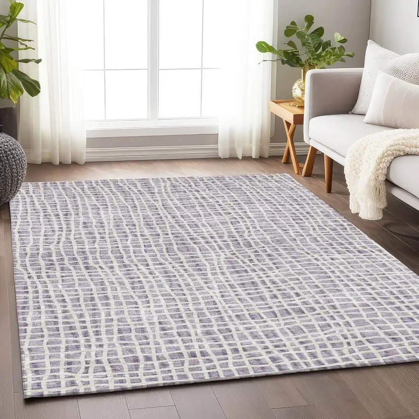 Lilac And Ivory Striped Washable Area Rug With UV Protection Photo 5
