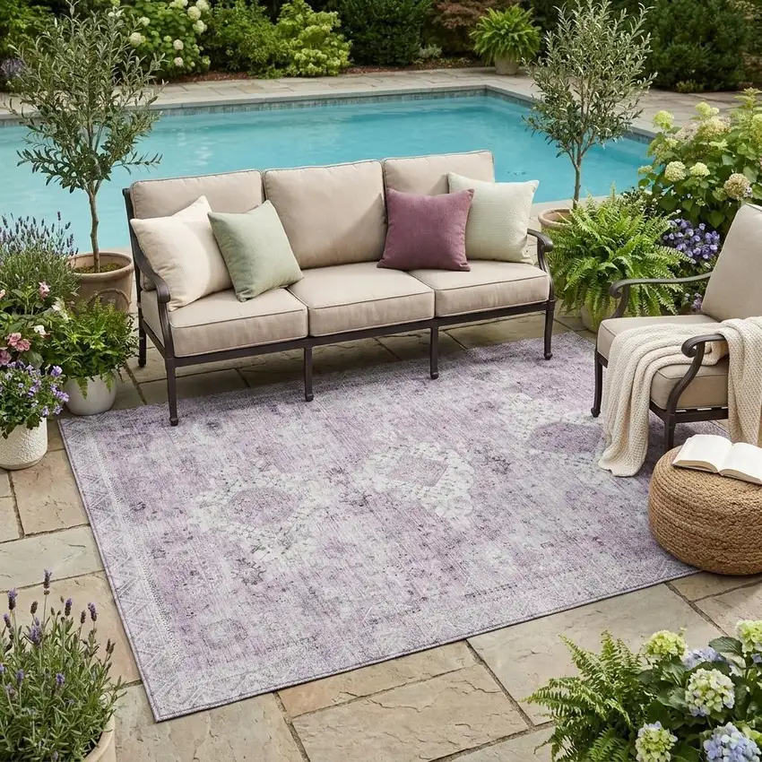 Lilac And Purple Oriental Washable Indoor Outdoor Area Rug Photo 1