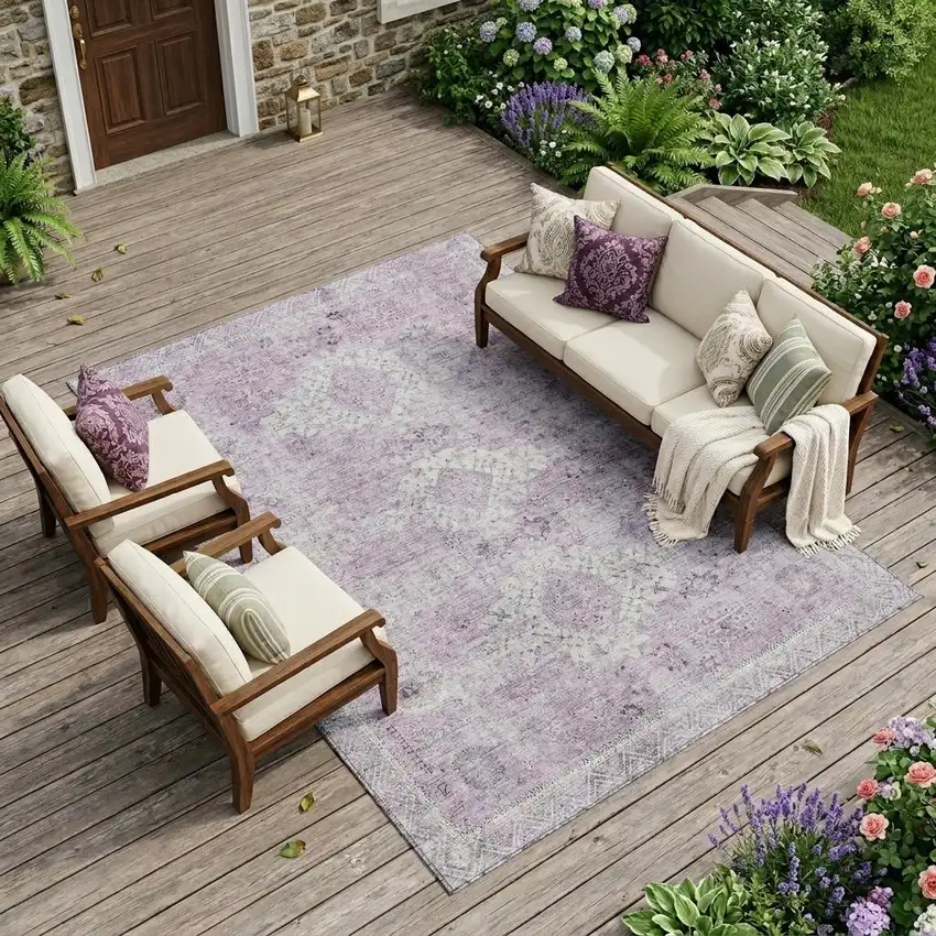 Lilac And Purple Oriental Washable Indoor Outdoor Area Rug Photo 1