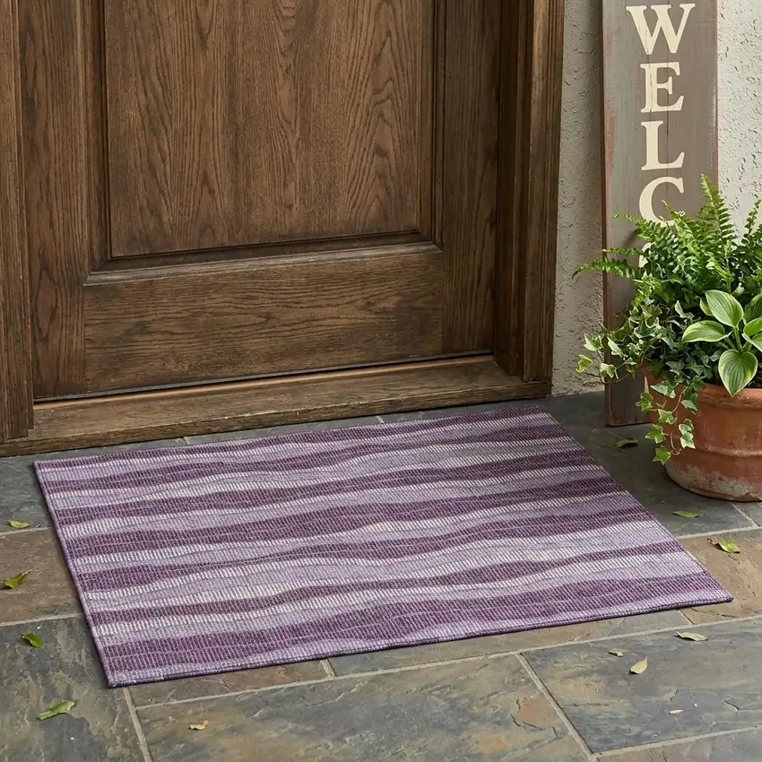 Lilac And Purple Striped Washable Indoor Outdoor Area Rug Photo 1