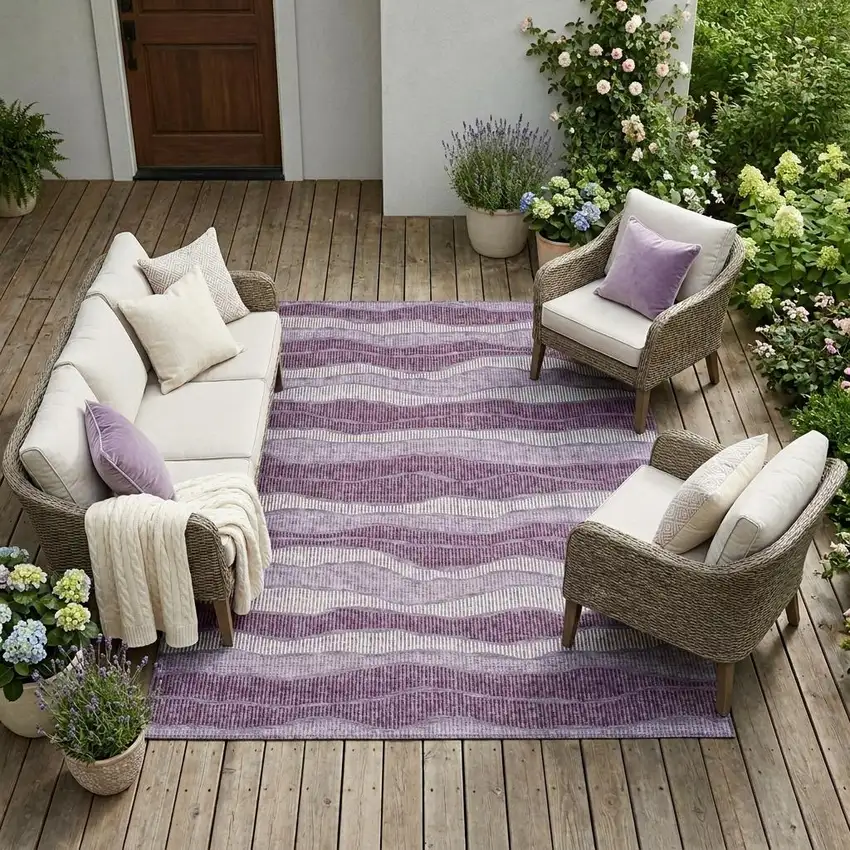 Lilac And Purple Striped Washable Indoor Outdoor Area Rug Photo 1