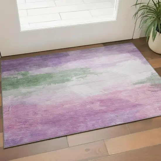 Lilac Green And Pink Abstract Washable Area Rug With UV Protection Photo 2