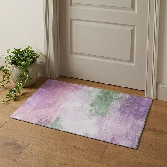 Lilac Green And Pink Abstract Washable Area Rug With UV Protection Photo 1