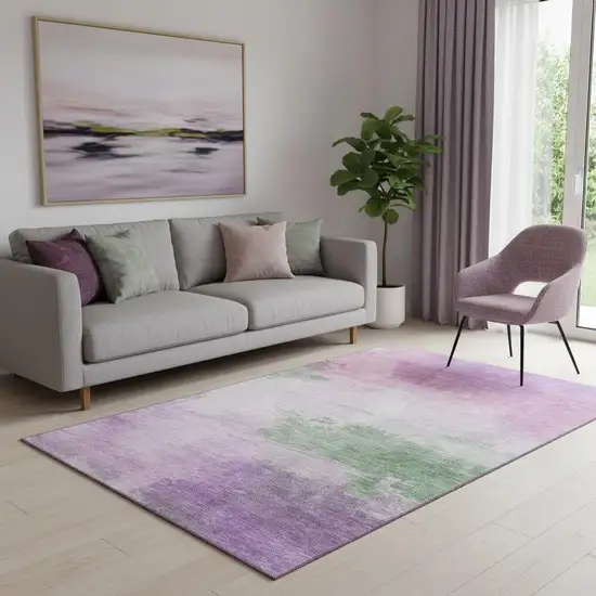 Lilac Green And Pink Abstract Washable Area Rug With UV Protection Photo 2