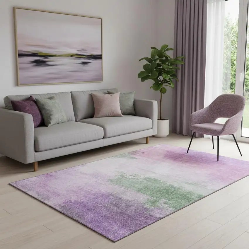 Lilac Green And Pink Abstract Washable Area Rug With UV Protection Photo 2