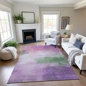 Photo of Lilac Green And Pink Abstract Washable Area Rug With UV Protection