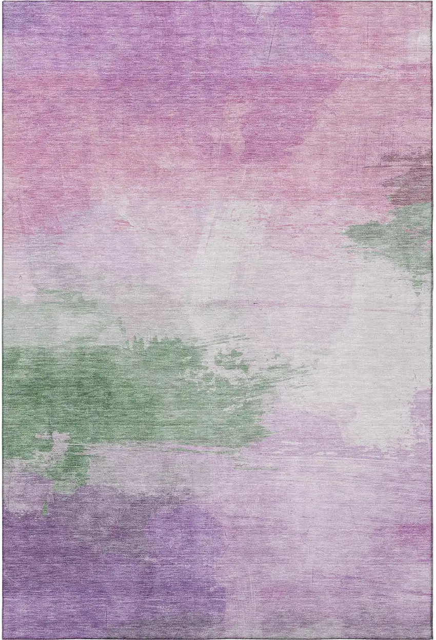 Lilac Green And Pink Abstract Washable Area Rug With UV Protection Photo 3