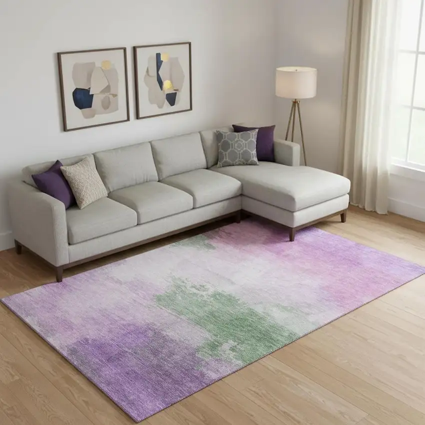 Lilac Green And Pink Abstract Washable Area Rug With UV Protection Photo 2
