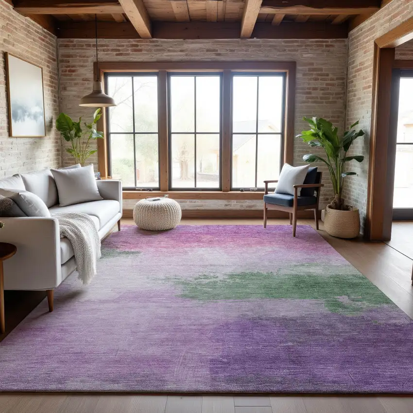 Lilac Green And Pink Abstract Washable Area Rug With UV Protection Photo 5