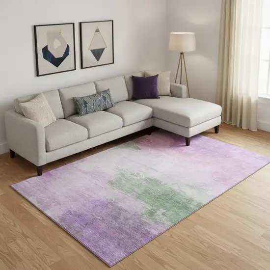Lilac Green And Pink Abstract Washable Area Rug With UV Protection Photo 2