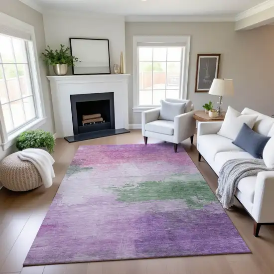 Lilac Green And Pink Abstract Washable Area Rug With UV Protection Photo 4