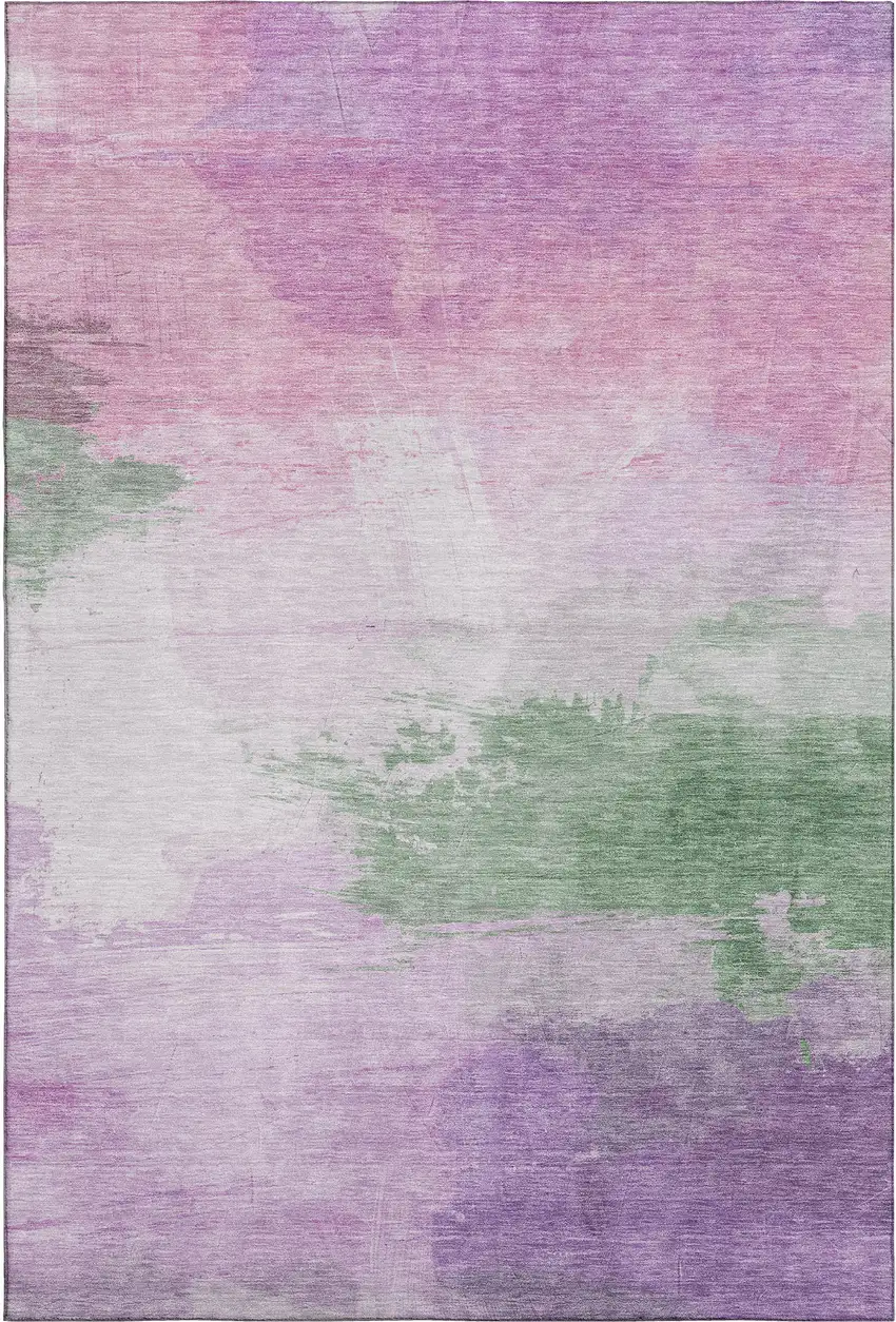 Lilac Green And Pink Abstract Washable Area Rug With UV Protection Photo 1