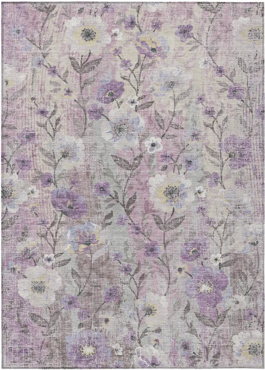 Lilac Ivory And Beige Floral Washable Indoor Outdoor Area Rug Photo 7
