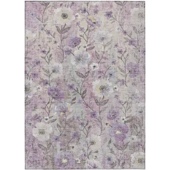 Lilac Ivory And Beige Floral Washable Indoor Outdoor Area Rug Photo 7
