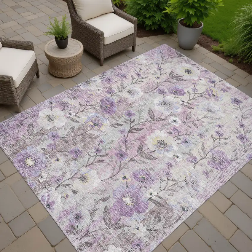 Lilac Ivory And Beige Floral Washable Indoor Outdoor Area Rug Photo 5