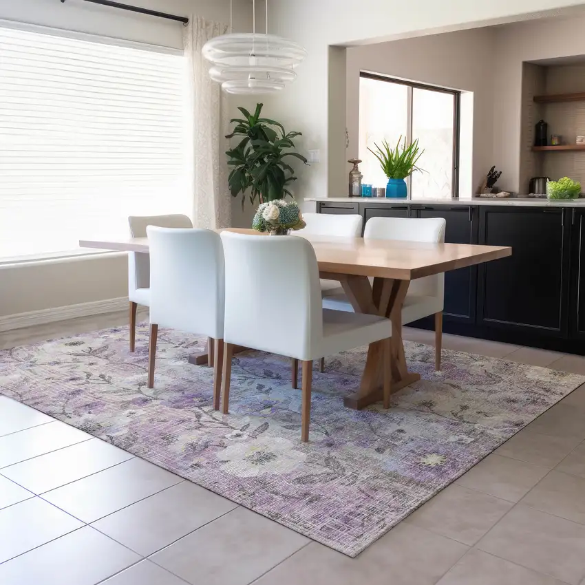 Lilac Ivory And Beige Floral Washable Indoor Outdoor Area Rug Photo 5