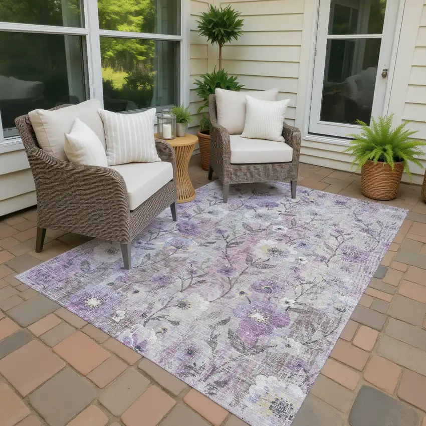 Lilac Ivory And Beige Floral Washable Indoor Outdoor Area Rug Photo 3