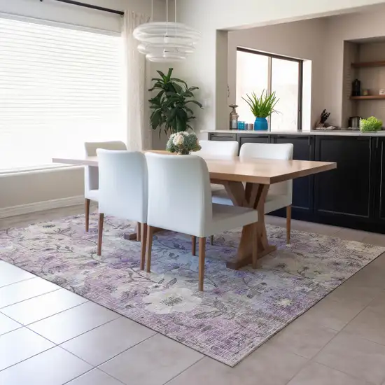 Lilac Ivory And Beige Floral Washable Indoor Outdoor Area Rug Photo 5