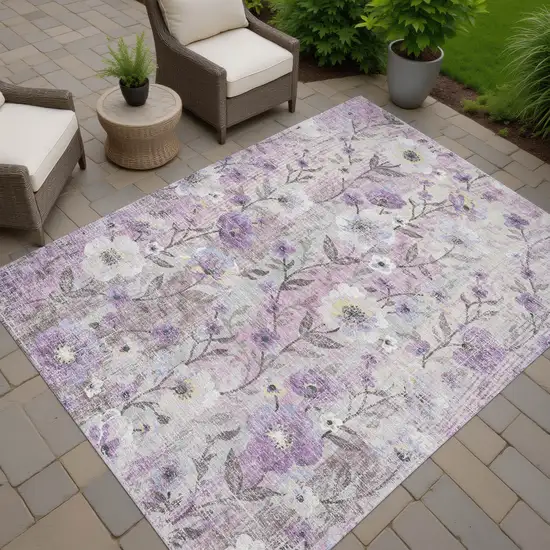 Lilac Ivory And Beige Floral Washable Indoor Outdoor Area Rug Photo 6