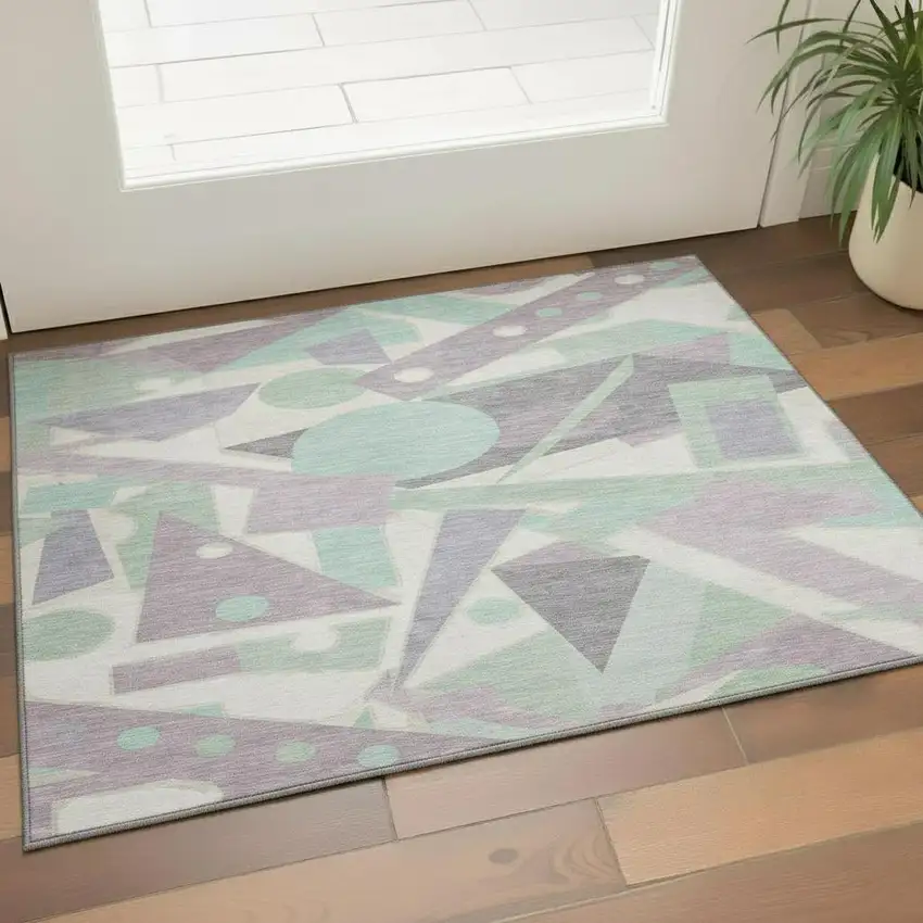 Lilac Mint Green And Ivory Geometric Washable Area Rug With UV Protection Photo 2