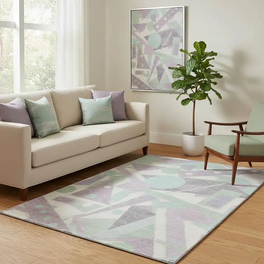 Lilac Mint Green And Ivory Geometric Washable Area Rug With UV Protection Photo 2