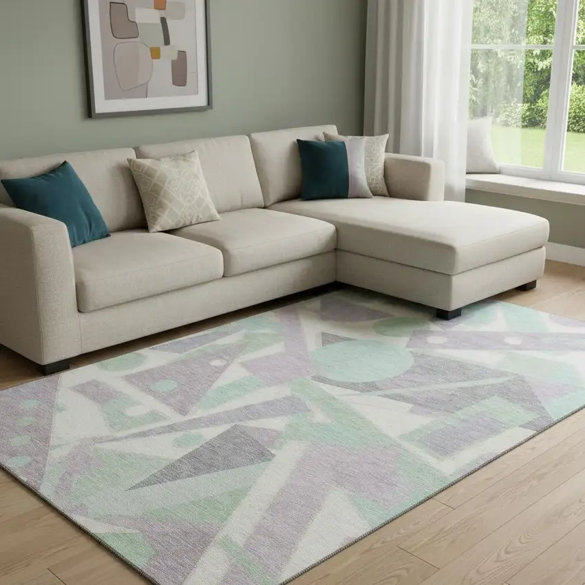 Lilac Mint Green And Ivory Geometric Washable Area Rug With UV Protection Photo 2