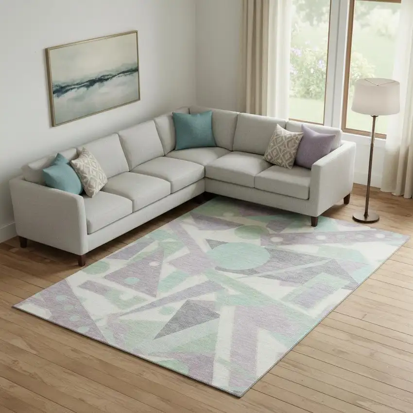 Lilac Mint Green And Ivory Geometric Washable Area Rug With UV Protection Photo 2