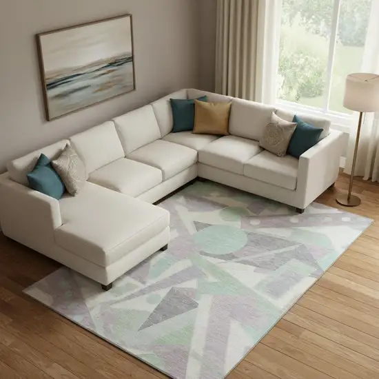 Lilac Mint Green And Ivory Geometric Washable Area Rug With UV Protection Photo 2