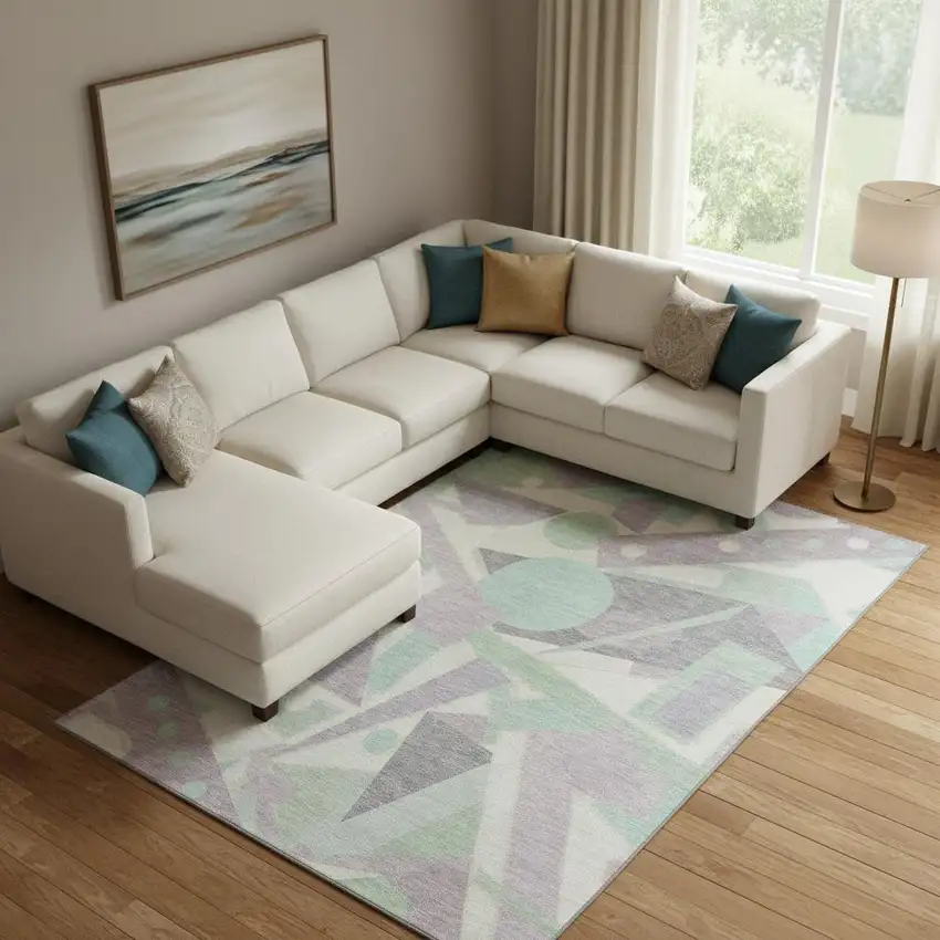 Lilac Mint Green And Ivory Geometric Washable Area Rug With UV Protection Photo 2