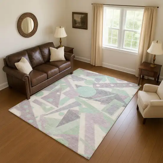 Lilac Mint Green And Ivory Geometric Washable Area Rug With UV Protection Photo 4