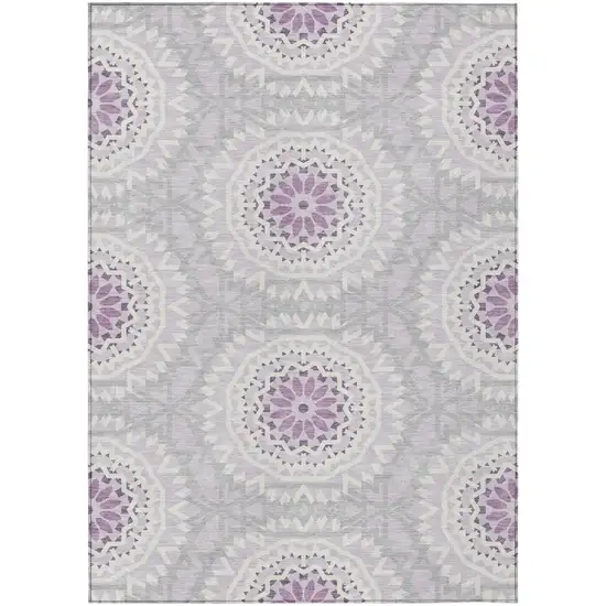 Lilac Purple And Ivory Floral Medallion Washable Indoor Outdoor Area Rug Photo 2