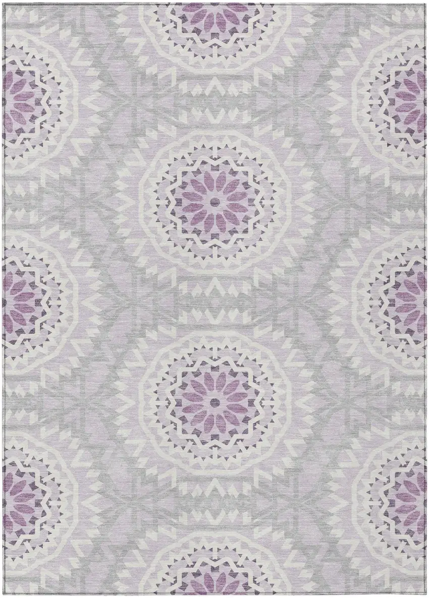 Lilac Purple And Ivory Floral Medallion Washable Indoor Outdoor Area Rug Photo 2