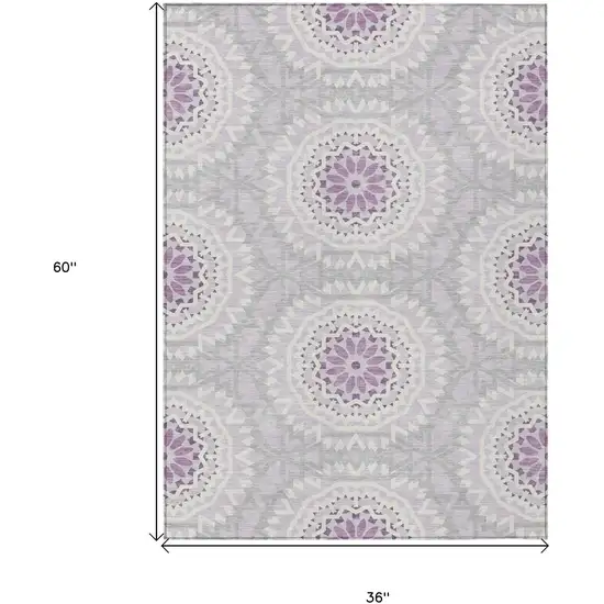 Lilac Purple And Ivory Floral Medallion Washable Indoor Outdoor Area Rug Photo 3