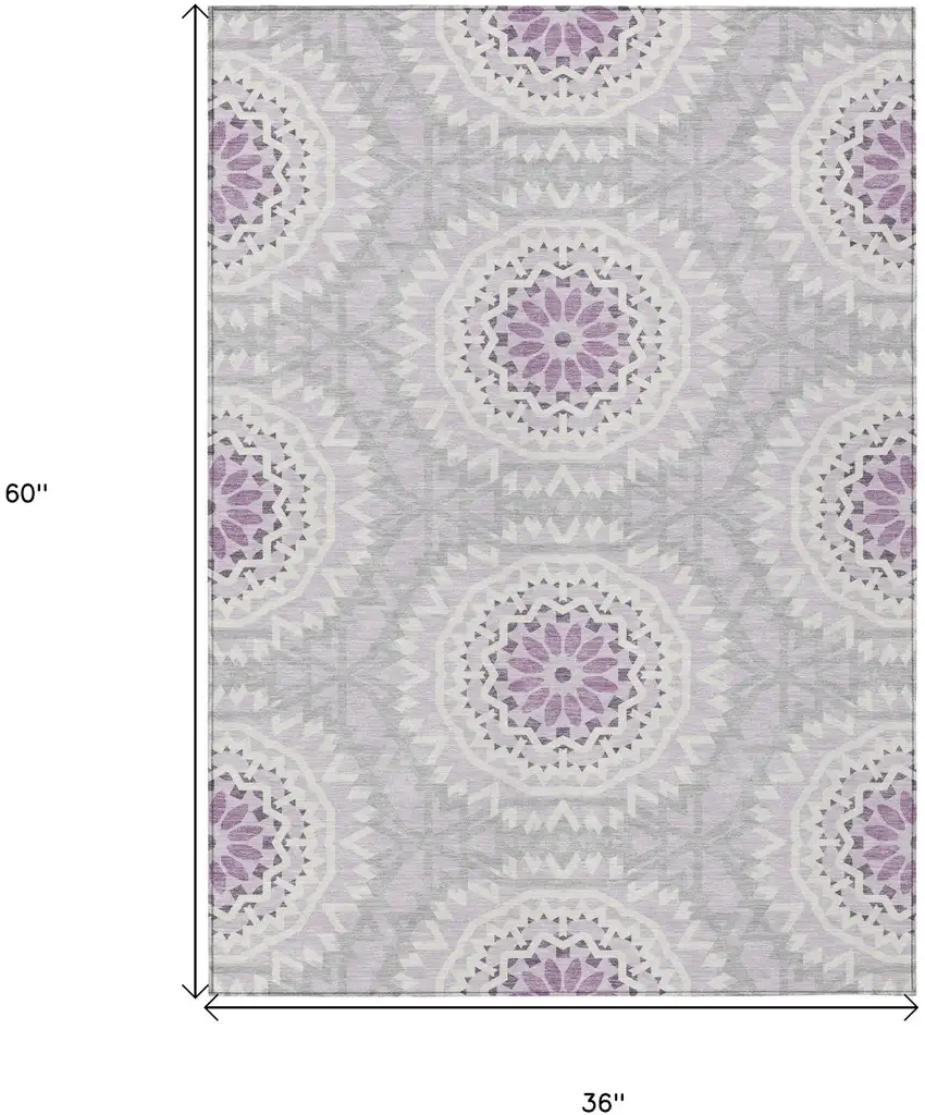 Lilac Purple And Ivory Floral Medallion Washable Indoor Outdoor Area Rug Photo 3