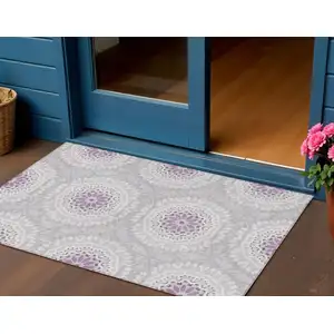 Photo of Lilac Purple And Ivory Floral Medallion Washable Indoor Outdoor Area Rug