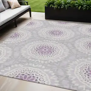 Photo of Lilac Purple And Ivory Floral Medallion Washable Indoor Outdoor Area Rug