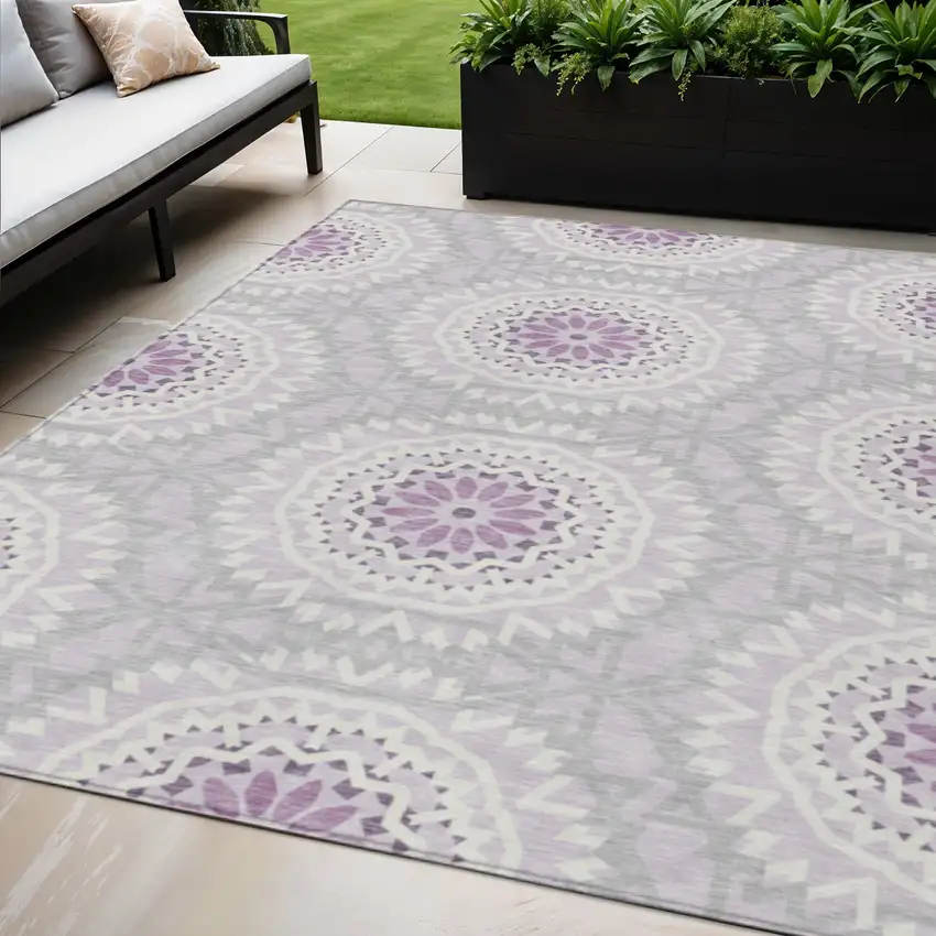 Lilac Purple And Ivory Floral Medallion Washable Indoor Outdoor Area Rug Photo 1