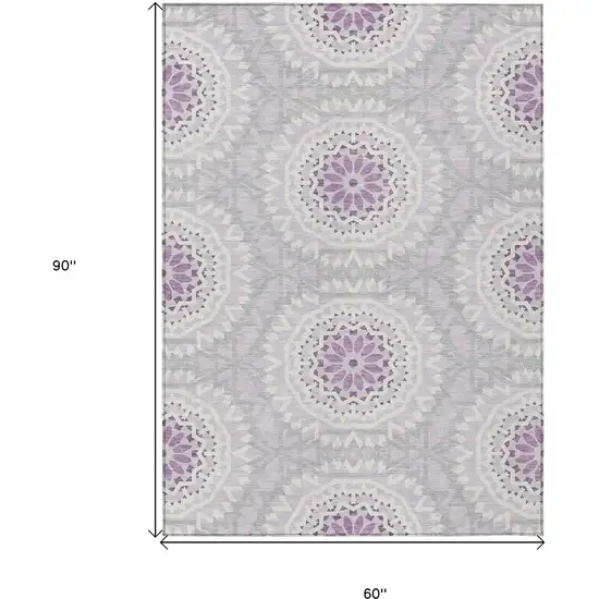 Lilac Purple And Ivory Floral Medallion Washable Indoor Outdoor Area Rug Photo 3