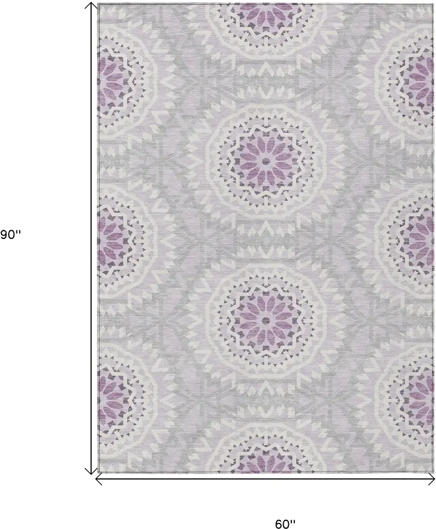 Lilac Purple And Ivory Floral Medallion Washable Indoor Outdoor Area Rug Photo 3