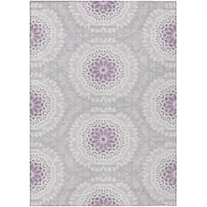 Photo of Lilac Purple And Ivory Floral Medallion Washable Indoor Outdoor Area Rug