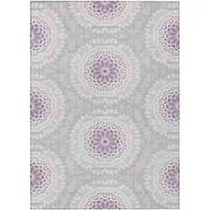 Photo of Lilac Purple And Ivory Floral Medallion Washable Indoor Outdoor Area Rug