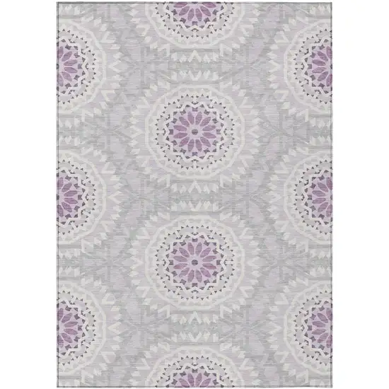Lilac Purple And Ivory Floral Medallion Washable Indoor Outdoor Area Rug Photo 2