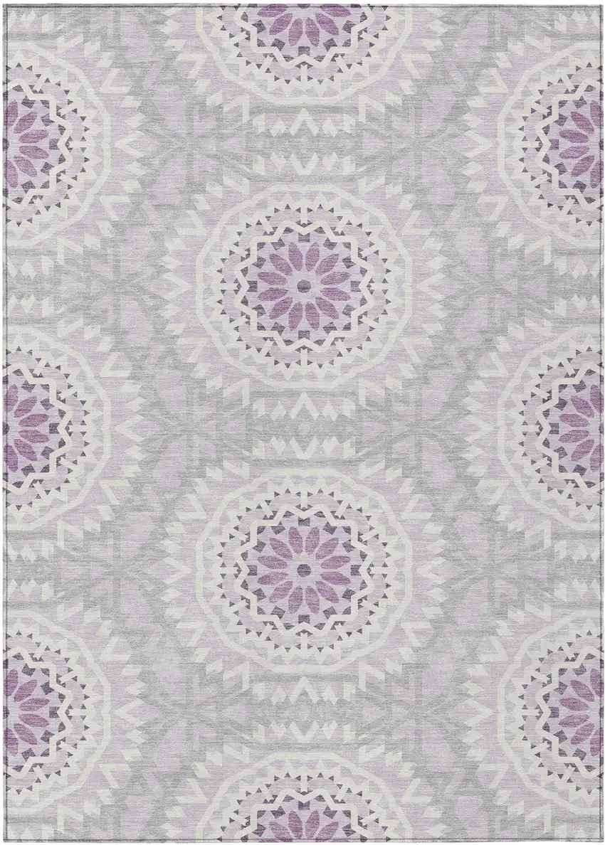 Lilac Purple And Ivory Floral Medallion Washable Indoor Outdoor Area Rug Photo 2