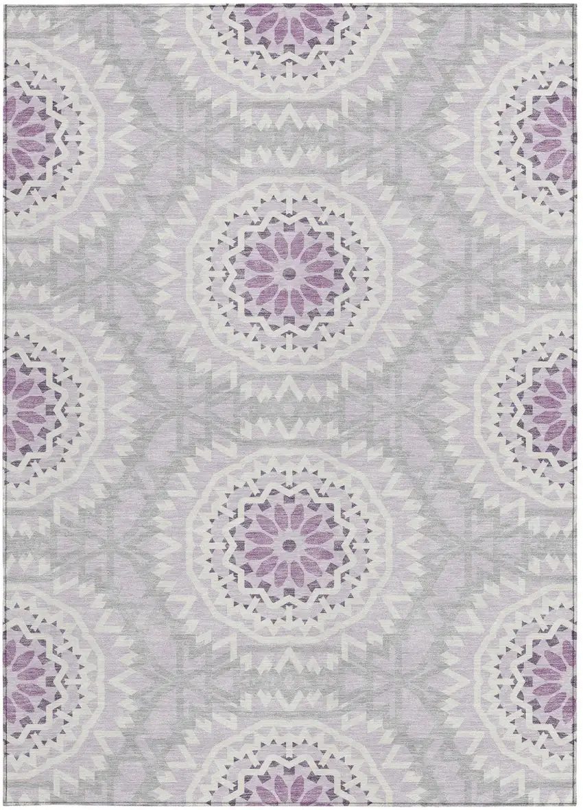 Lilac Purple And Ivory Floral Medallion Washable Indoor Outdoor Area Rug Photo 5