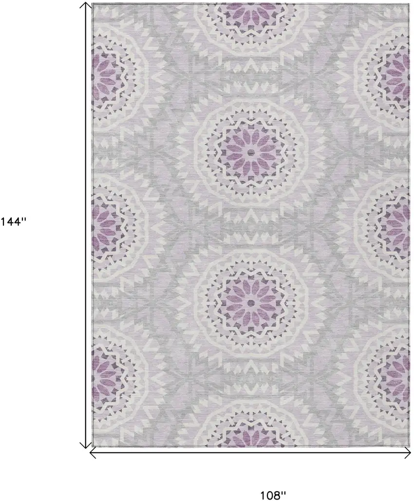 Lilac Purple And Ivory Floral Medallion Washable Indoor Outdoor Area Rug Photo 3